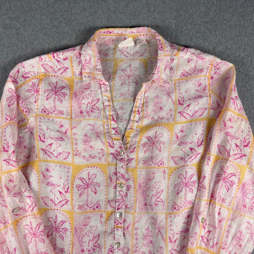 C&C California 100% Linen Pink Palm Tree Flamingo Button Down Roll Tab Shirt L